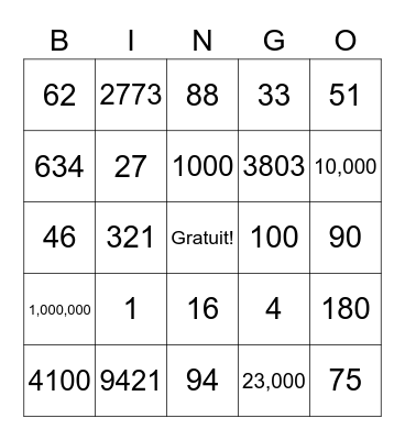 Les Nombres Bingo Card