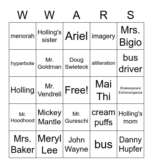 Wednesday Wars Bingo Card