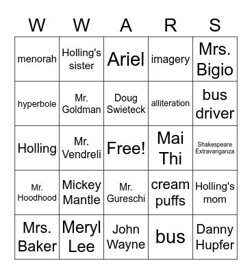 Wednesday Wars Bingo Card