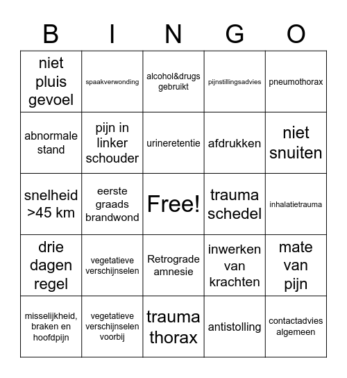 Triage &Trauma Bingo Card