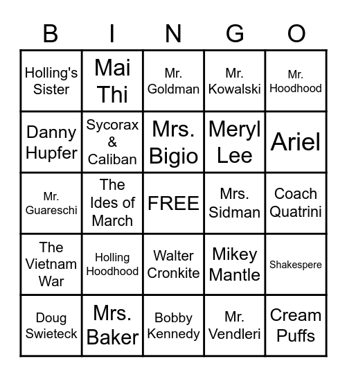 The Wednesday Wars Bingo Card