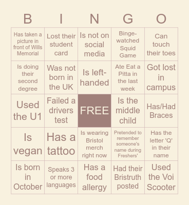 Peer Mentor Event - Bingo Card