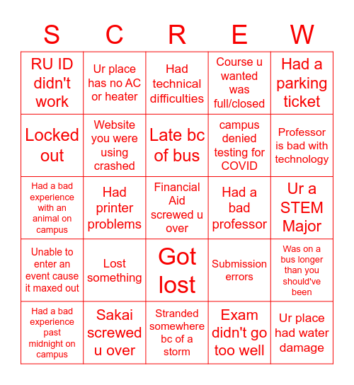 Week 6: The RU Screw Bingo Card