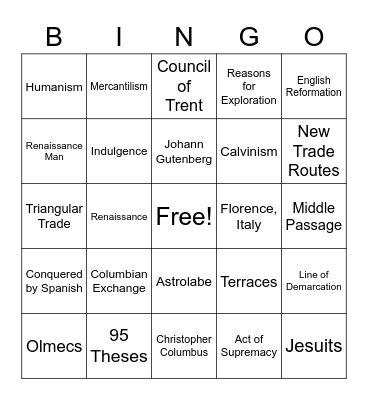 Renaissance, Reformation, Exploration Bingo Card