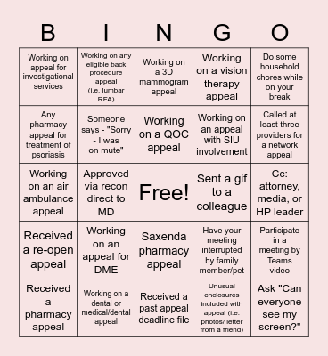 Remote Work Bingo Card