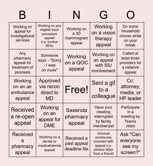 Remote Work Bingo Card