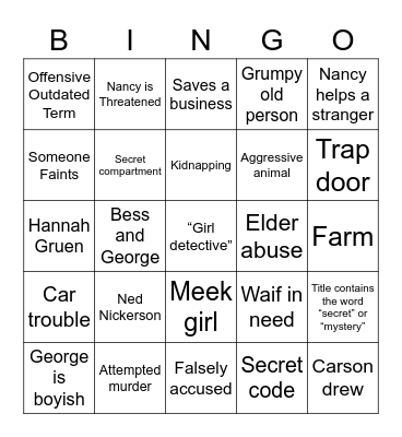 NANCY DREW Bingo Card