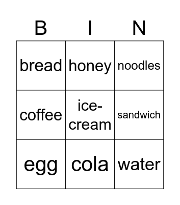 food and drink Bingo Card