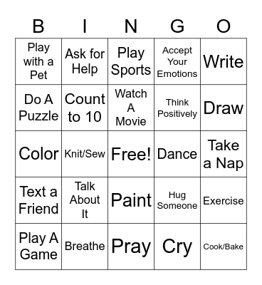 Positive Coping Skills Bingo Card