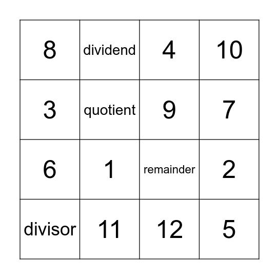 Basic Division Bingo Card