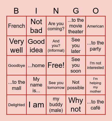 U1 Lessons ABC / Call in French Bingo Card