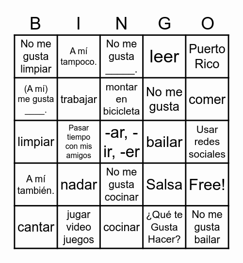 CSA C1A -¿Qué te Gusta Hacer? Bingo Card