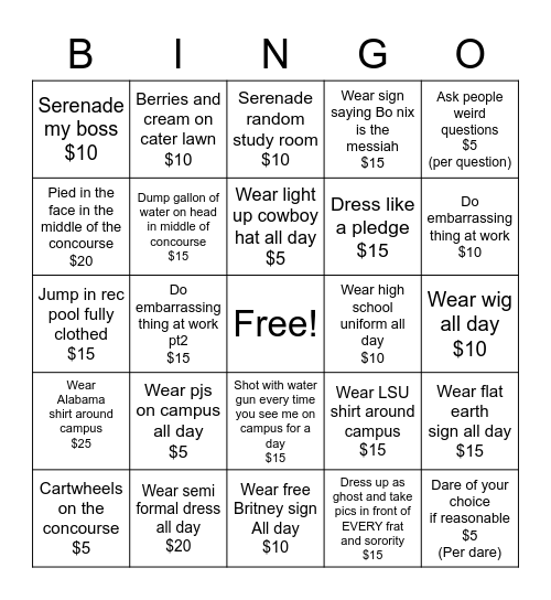 AUDM Fundraising Bingo Card