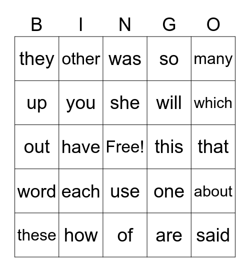 Most Common Words List 1-6 Bingo Card