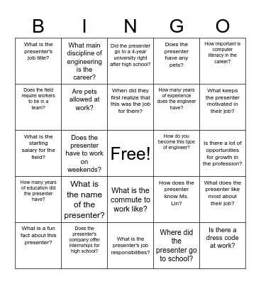 Engineer Presentation BINGO Card