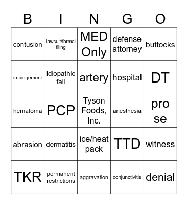 Workers' Compensation Bingo Card