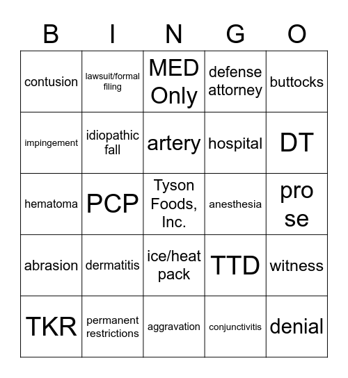 Workers' Compensation Bingo Card