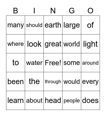 1st Grade High Frequency Words Bingo Card
