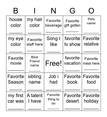 All About Me Bingo Card