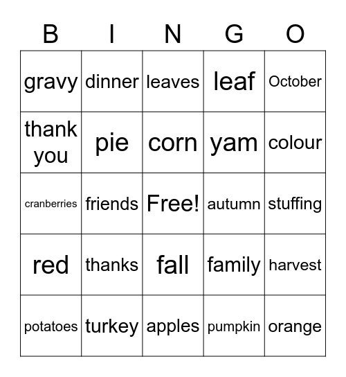 Thanksgiving Bingo Card