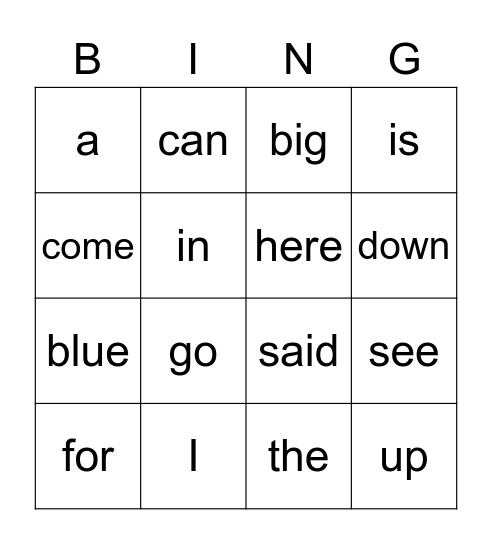 Sight Word Bingo Card