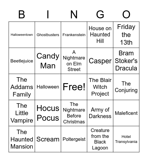 Halloween Themed Movies - Recovery Bingo Card