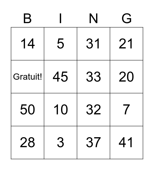 Les Nombres Bingo Card