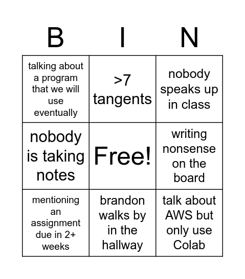 CIS 531 BINGO Card