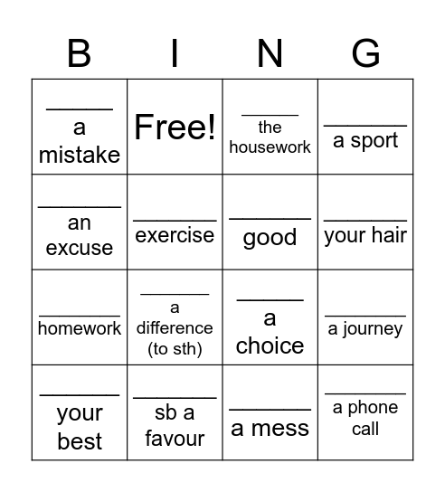 Collocations with make and do Bingo Card