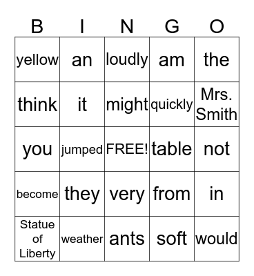 Parts of Speech  Bingo Card