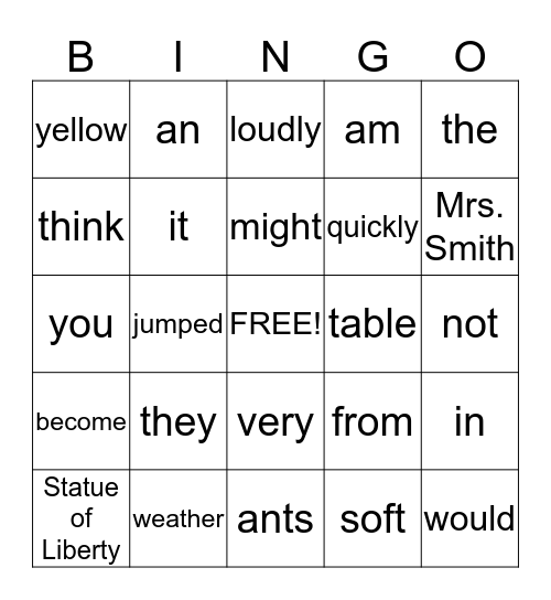 Parts of Speech  Bingo Card