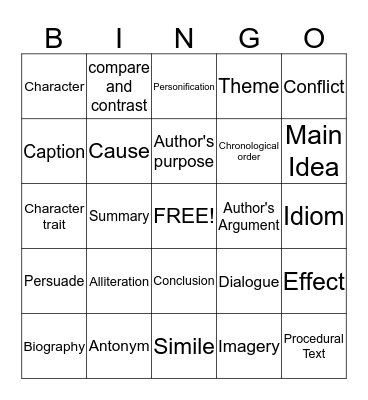 Reading Vocabulary Bingo Card