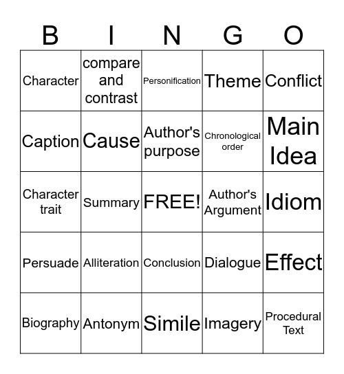 Reading Vocabulary Bingo Card