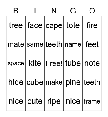 Long Vowel sounds Bingo Card