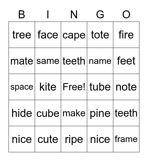 Long Vowel sounds Bingo Card