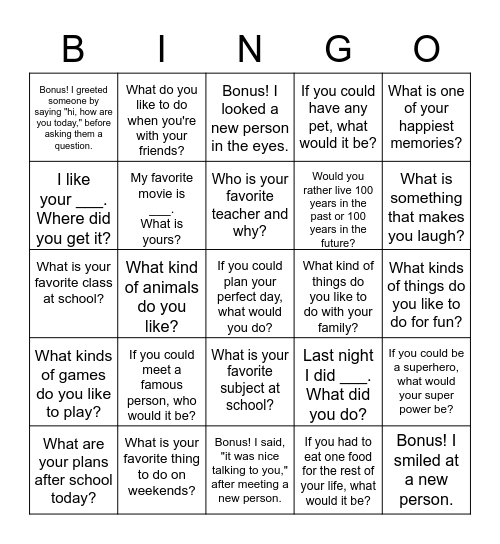 Conversation Starter Bingo Card