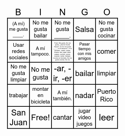 CSA C1A -¿Qué te Gusta Hacer? Bingo Card