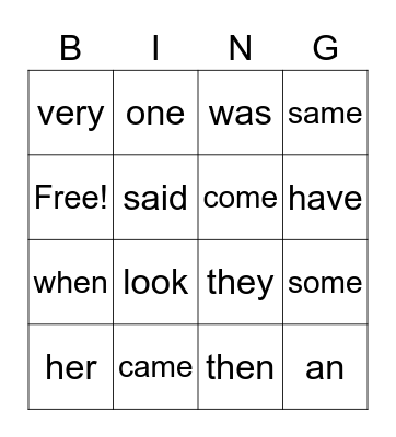 Sight Words Bingo Card