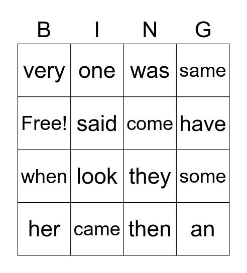 Sight Words Bingo Card