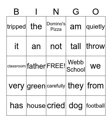Parts of Speech  Bingo Card