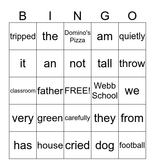 Parts of Speech  Bingo Card
