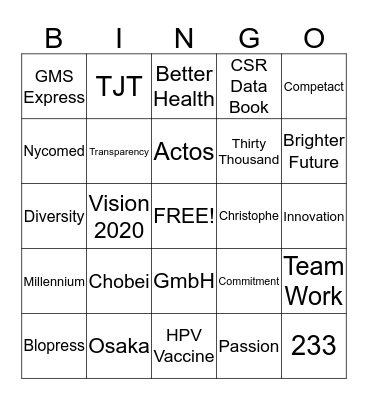 World Wide Takeda Day 2015 Bingo Card