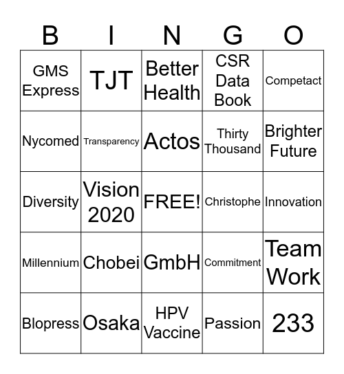 World Wide Takeda Day 2015 Bingo Card