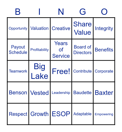 RiverWood Bank ESOP Bingo Card