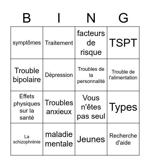 Bingo de la semaine de sensibilisation aux maladies mentales Bingo Card