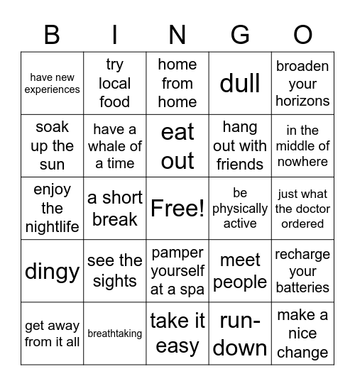 Travel Collocations, Idioms and Adjectives Bingo Card