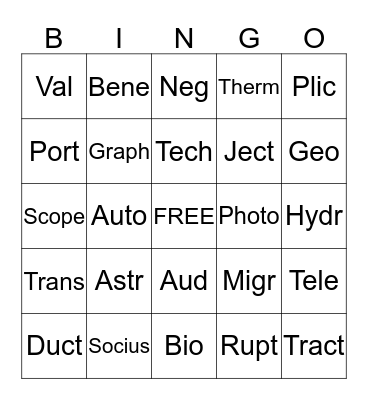 Greek and Latin Root Affix Bingo Card