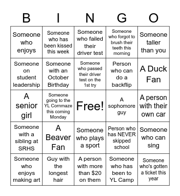 Southridge Young Life KICK-OFF Bingo Card