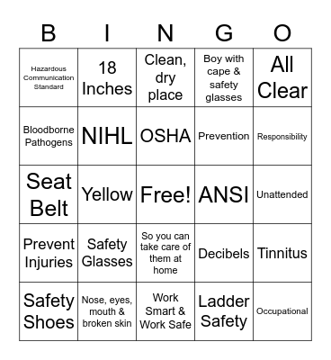 Safety BINGO Card