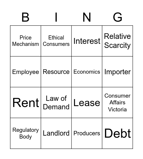7A Business and Economics Bingo Card